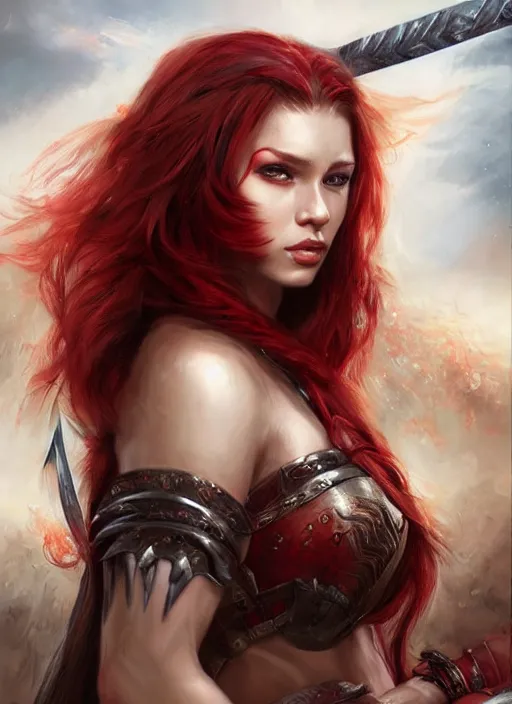 Image similar to a beautiful female warrior, 8 k, hyperrealistic, red hair, dragon slayer, hyperdetailed, fantasy portrait by laura sava