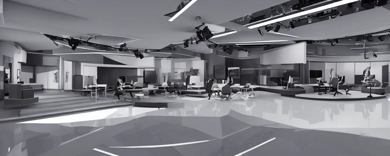 Prompt: news studio set, interior, big open floor, 3 d v - ray photo realistic, ambient aclution, 8 k