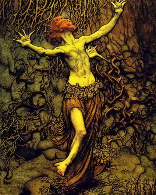 Image similar to a person conjuring!!! an image!!! from of noise!!!, by arthur rackham, maxfield parrish, and larry elmore, kodachrome colors, intricate, chaotic, fantasy realism, hopeful, volumetric lighting