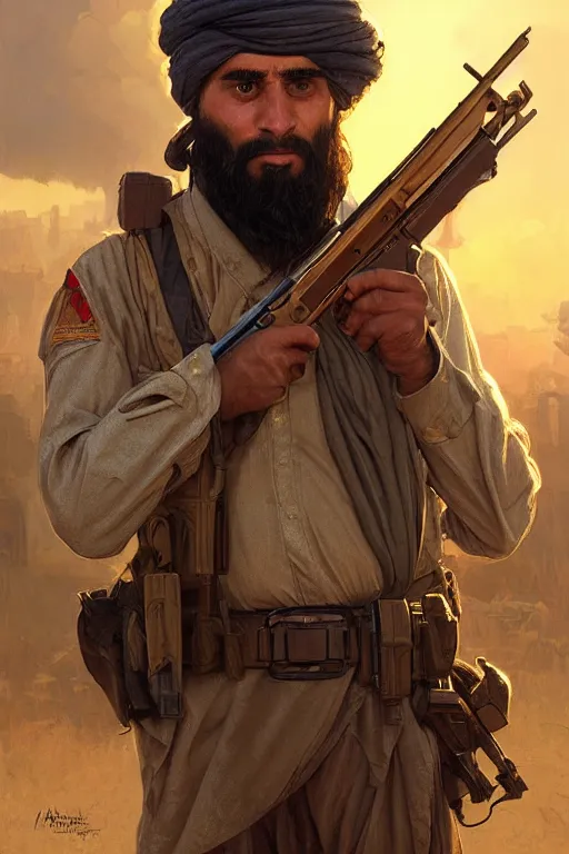 Image similar to male cottagecore taliban leader holding a kalashnikov rifle, urban warfare background, golden hour, intricate, elegant. highly detailed, digital painting, artstation, concept art, smooth, sharp, focus, illustration.. art by artgerm and greg rutkowski and alphonse mucha