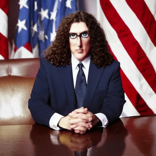 Image similar to weird al as the president of the united states, photograph