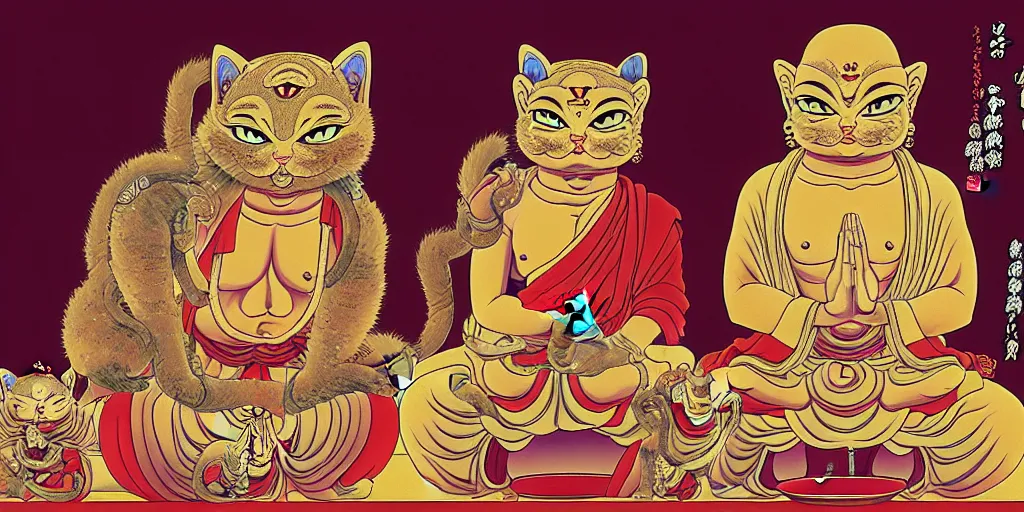 Prompt: 8 k uhd recursive image of praying buddhist cats, by katsuhiro otomo, anime, cartoon