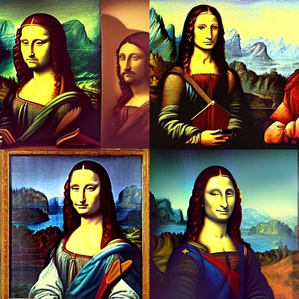 Prompt: gioconda taking a selfie with her friends, Leonardo Da Vinci style, painting