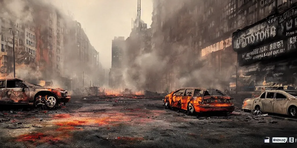 Image similar to post - apocalyptic kreuzberg streets covered in colorful smoke, burned cars, explosions, hyperrealistic, gritty, damaged, dark, urban photography, photorealistic, high details