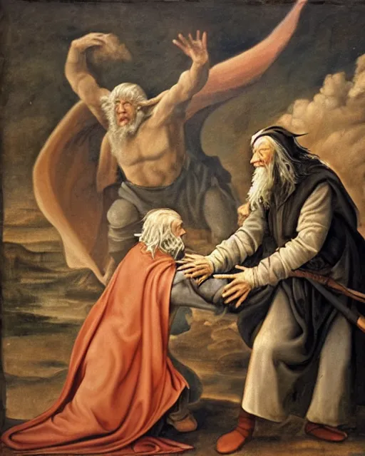 Prompt: renaissance painting of Gandalf the gray fighting the balrog