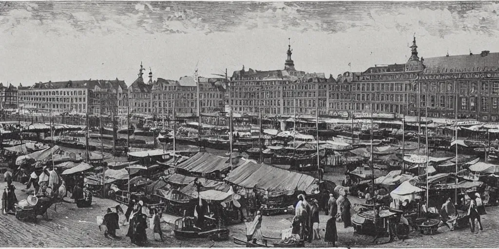 Image similar to 1 8 th century picture of the hamburg fischmarkt next to the river elbe, food stalls, vegetable stands, fishmongers, 1 9 0 0 s photography