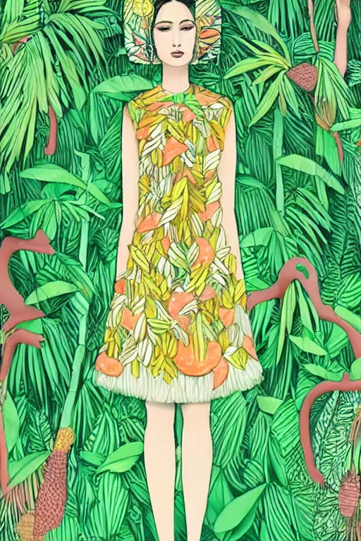 Image similar to melon colored dress, fashion illustration by eko nugroho, jungle background, finely detailed