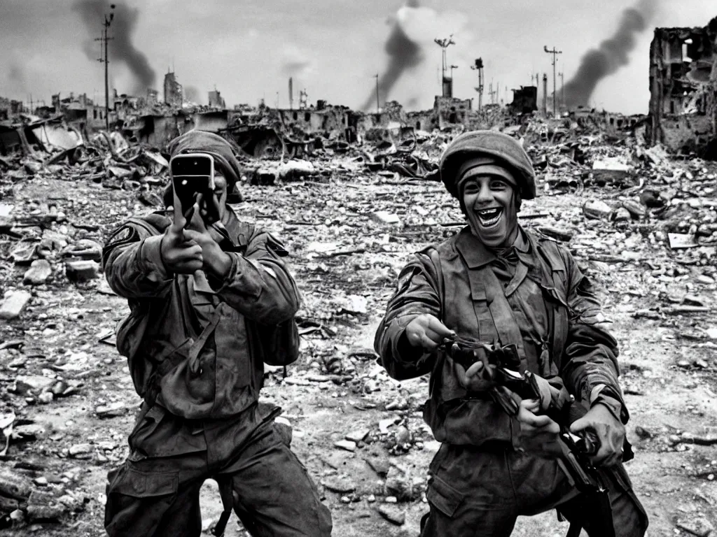 Prompt: a hysterical smiling soldier taking selfies, posing in front of bombed city, explosions in the background, close ups, war scenery, surrealism aesthetic, 9 0 s tv, noise