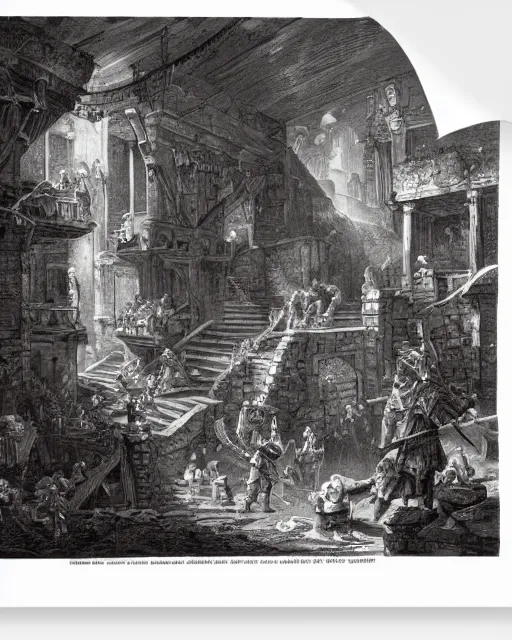 Prompt: a party of adventurers in an endless dungeon by Piranesi