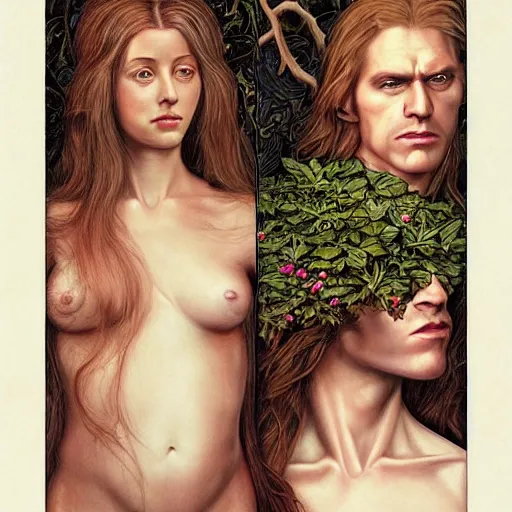 Image similar to realistic detailed face portraits and fully body poses the creation of adam and eve by emilia dziubak, will terry, greg olsen, chris mars, ann long, and mark brooks, fairytale, art nouveau, victorian, neo - gothic, character concept design, smooth, extremely sharp detail, finely tuned detail, story book design, storybook layout