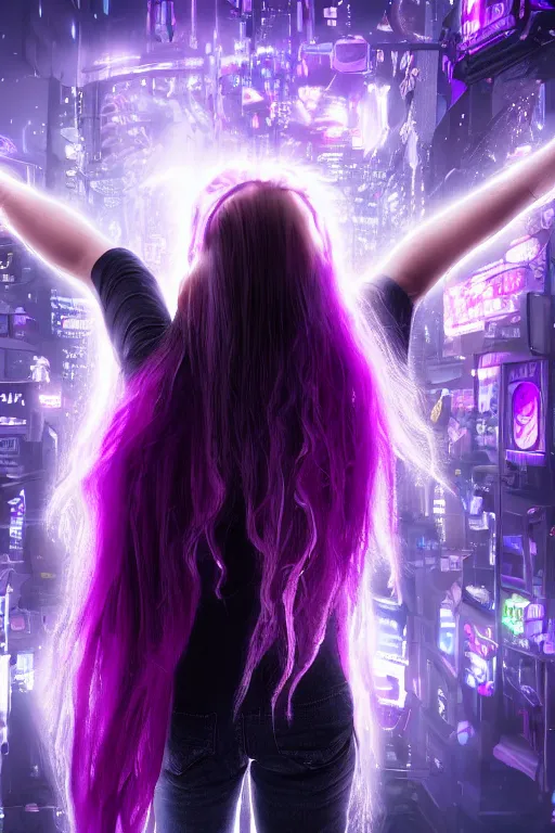 Prompt: young teen with purple tentacled hair from behind with violet flames dancing on her hands with a long jacket in a cyberpunk city, realistic, high definition, 4K, shimmering color, digital art