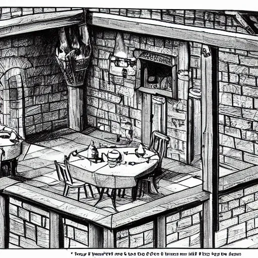 Prompt: Sketch from above of a medieval tavern with one floor, a counter, four round tables and a fireplace, dungeon 6 dragons, high fantasy setting, map