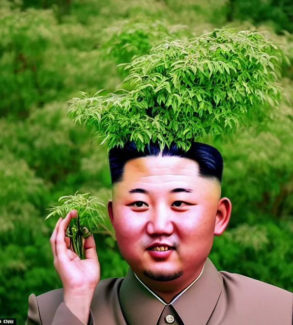 Image similar to colour araki nobuyoshi style close - up photography of detailed north korean kim chen with detailed smiling face, smelling detailed weed bush