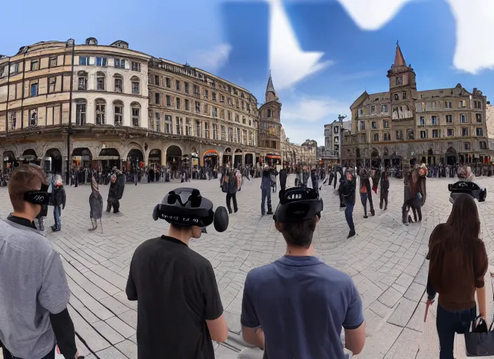 Image similar to a city square and everyone in the city square is wearing a vr headset ignoring each other