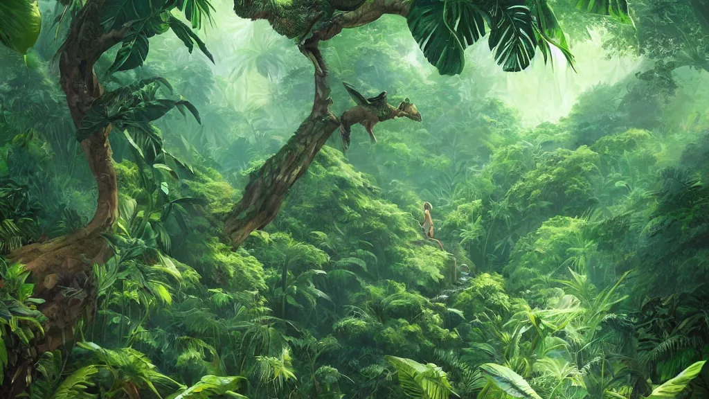 Prompt: giant green winged monster flying through a lush jungle, obscured by giant trees, by sylvain sarrailh, rossdraws, ambient light, ultra detailed, fantasy artwork, 8 k, volumetric lighting, trending on artstation, award winning, very beautiful.