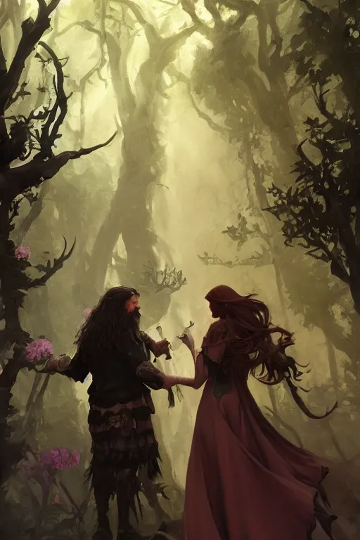 Image similar to hagrid the viking and gothic medieval morticia addams walking in enchanted forest with flowers, greg manchess painting by sargent and leyendecker, fantasy medium shot asymmetrical intricate elegant matte painting illustration hearthstone, by greg rutkowski by greg tocchini by james gilleard