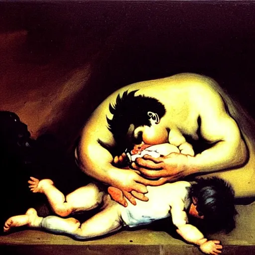 Image similar to a dramatic oil painting of Elmo devouring his son by Francisco Goya