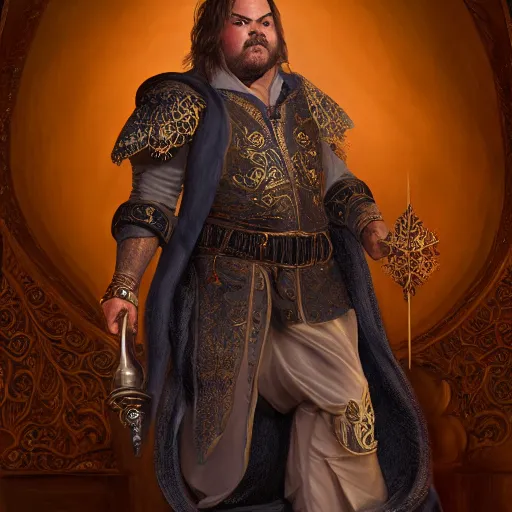 Prompt: professionally-painted ultradetailed ornate RPG award winning masterpiece illustration of Jack Black, fully clothed with black robe with silver ornates, digital airbrush painting, 3d rim light, hyperrealistic, artstation, cgsociety, kodakchrome, golden ratio