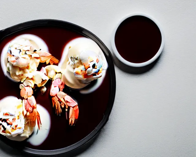 Prompt: dslr food photograph of vanilla ice cream with shrimp on, some chocolate sauce, 8 5 mm f 1. 4