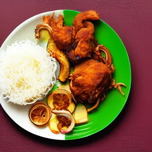 Prompt: a plate of white rice, fried rabbit thighs and fried snakes, food photography