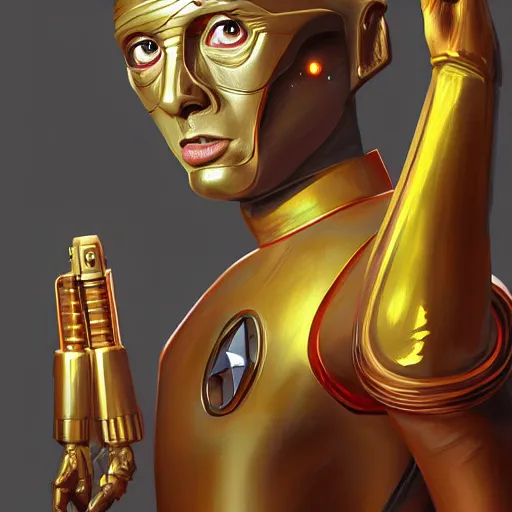 Prompt: if star trek's data and c 3 po had a baby digital art by mandy jurgens and irena french, heraldo ortega, hyperdetailed, artstation, cgsociety.