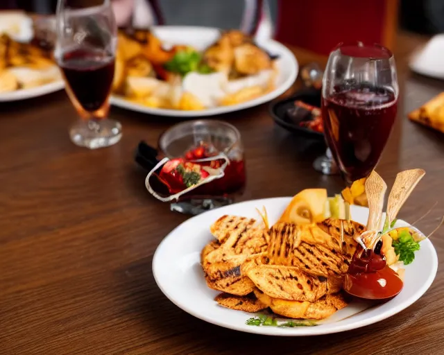 Prompt: 8 5 mm food photography of a plate of grilled cockroaches in ketchup dip at a restaurant with dof and bokeh and wine glasses out of focus in the background. highly detailed 8 k. intricate. lifelike. soft diffused light. nikon d 8 5 0.