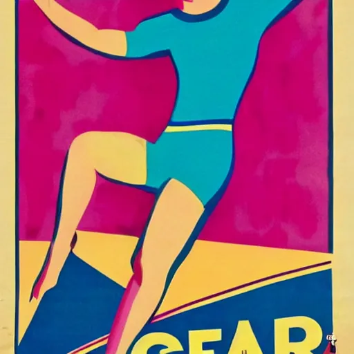 Image similar to a 1 9 2 8 colorful poster. happy, healthy, beautiful, smiling, sporty, glowing greta garbo in decent swim wear.