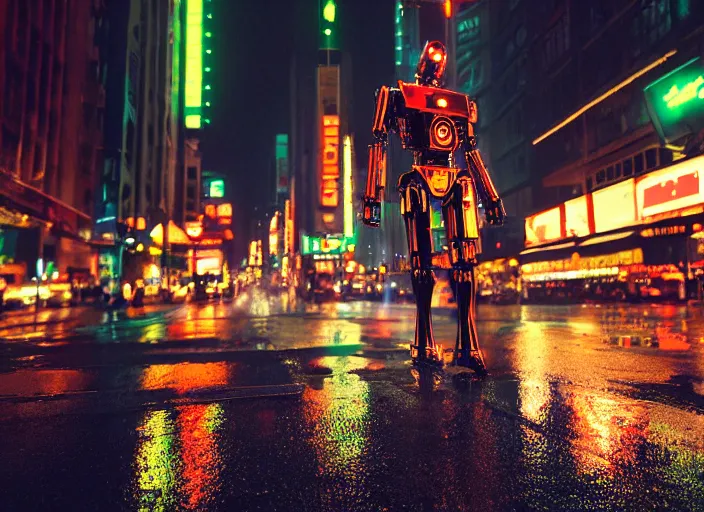 Prompt: a kodachrome photo of a tall huge metallic cyborg droid android with glowing lights, running sprinting on a rainy night in the city in the 1 9 5 0's, dramatic, seen from a distance, canon 5 0 mm, cinematic lighting, film, photography, award - winning, neon, cyberpunk, blade runner