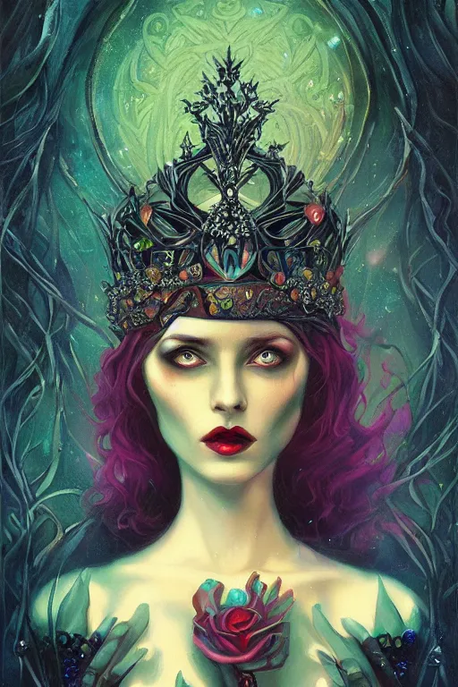 Prompt: jeweled Crown, other worldly, dark fae court, black roses, vivid colors, art nouveau, by Anato Finnstark, Tom Bagshaw, Brom