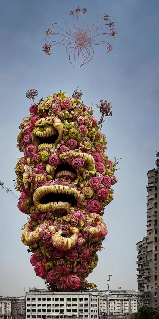 Image similar to colossal grotesque Beelzebub flower made from angry smiles in the middle of post soviet constructivist cityscape, Stalinist architecture, brutalist architecture, ultradetailed, Intricate by Hayao Miyazaki and Josan Gonzalez and Makoto Shinkai and Giuseppe Arcimboldo and MC Esher and Wes Anderson