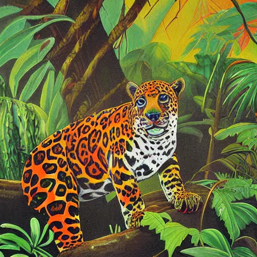 Image similar to a velvet painting of a colorful jaguar in a jungle by edgar leeteg