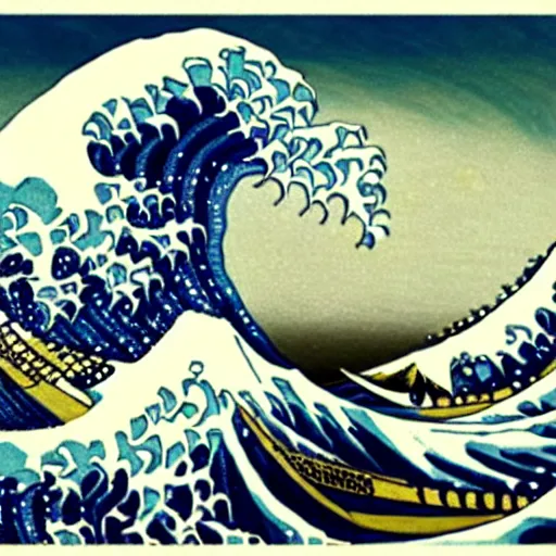 Image similar to the great wave of kanagawa with van gogh sky