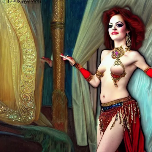 Image similar to a photorealistic portrait of actress emma stone dressed as a belly dancer, arabian night, high quality, fully detailed, 4 k, in focus sharp face with fine details, realistic hands and anatomical composition, inspired by belly dancer on youtube, alphonse mucha, masterpiece, stunning