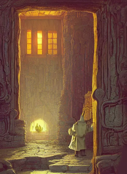 Image similar to an old wizard in robes holding a book standing in front of an elaborate ancient wooden door, beautiful colourful fantasy rendering, William Stout, Simon Stälenhag, ilm, beeple, N.C. Wyeth