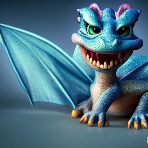 Image similar to a cute little baby dragon, portrait, pixar style, extremely realistic photo, heaven background, cinematic lighting, award winning creature portrait photography