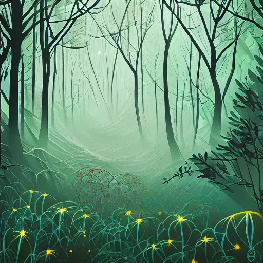 Prompt: An amazing forest, flowing leaves by Petros Afshar, acrylic paint