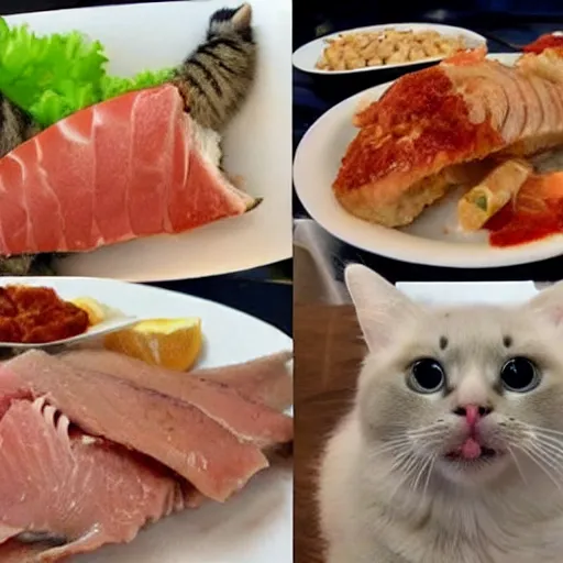 Image similar to Cat mukbang, crunching, chewing, licking, savory fish, delicious tuna