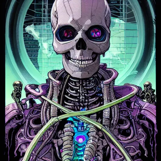 Image similar to portrait of a cybernetic evil undead skeleton sorcerer, cyberpunk concept art by josan gonzales and moebius and enki bilal and and dan mumford and jean claude meziere and philippe druilleg