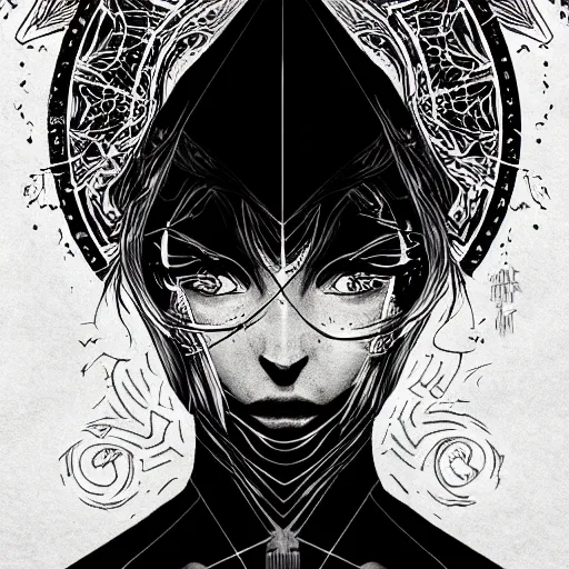 Image similar to shadowy pitch-black void occultist, gnostic sigils, ars goetia, heroine, beautiful symmetrical portrait, intricate complexity, rule of thirds, in the style of Artgerm and Kazuki Tanahashi, character concept