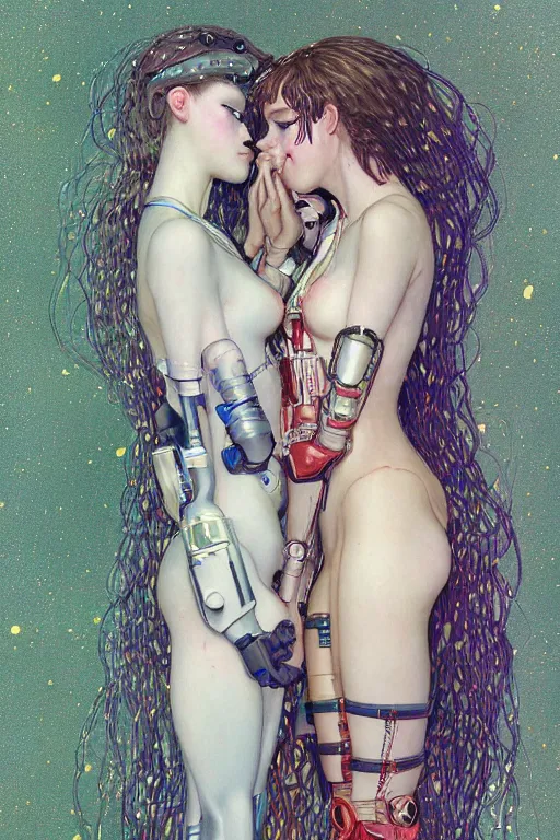 Image similar to two beautiful young cyborg maidens, cyberpunk, kiss, highly detailed, artstation, illustration, art by Gustav Klimt