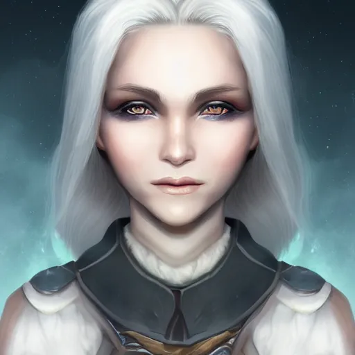 Image similar to fantasy portrait of a female human adventurer with white skin, white hair, white eyes without pupils, slightly - pointed ears, short wavy hair, eyebrow scar, trending on artstation, gentle smile, friendly, glowing, 4 5 angle, warm and welcoming