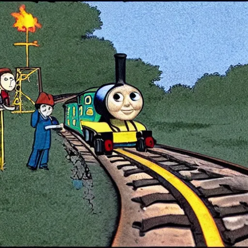 Image similar to A representation of the trolley problem featuring Thomas the Tank engine: should you pull the lever to divert the runaway trolley onto the side track?