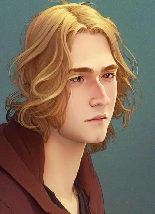 Image similar to pretty young man with shoulder length shiny shimmering golden blond hair, half body shot, path traced, highly detailed, high quality, digital painting, by studio ghibli and alphonse mucha, leesha hannigan, hidari, disney