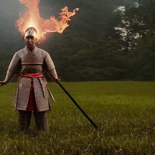 Prompt: cinematic film still Pharrell Williams starring as a Samurai holding fire, Japanese CGI, VFX, 2003, 40mm lens, shallow depth of field,film photography