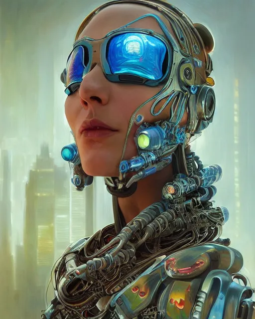 Image similar to a futuristic hippie wearing tie - dye and cybernetic - implants | cyberpunk art | highly detailed | very intricate | symmetrical | cinematic lighting | award - winning | closeup portrait | painted by donato giancola and mandy jurgens and rossdraws and rhads | featured on artstation