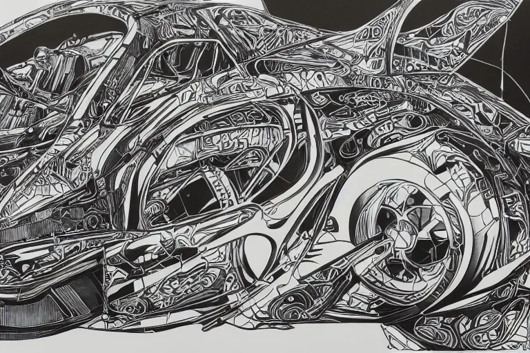 Image similar to a black and white drawing of a porsche 9 3 5 slantnose, a detailed mixed media collage by hiroki tsukuda and eduardo paolozzi and moebius, intricate linework, sketchbook psychedelic doodle comic drawing, geometric, street art, polycount, deconstructivism, matte drawing, academic art, constructivism