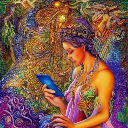 Image similar to a nature goddess checking her cell phone by josephine wall, acrylic on canvas, intricately detailed