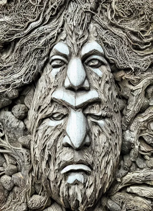 Image similar to wooden sculpture of a druid face, etched with Celtic symbols, eyes open, at a majestic forest waterfall + cascading water + fluid dynamics + particle physics, rocks, flowers, oak leaves, brown silk, glowing gold and silver embers, song of the sea inspired, Rasterized render, cgi, 3d, hyper-detailed, ultra-realistic, photo-bash, 8k post-production, masterpiece