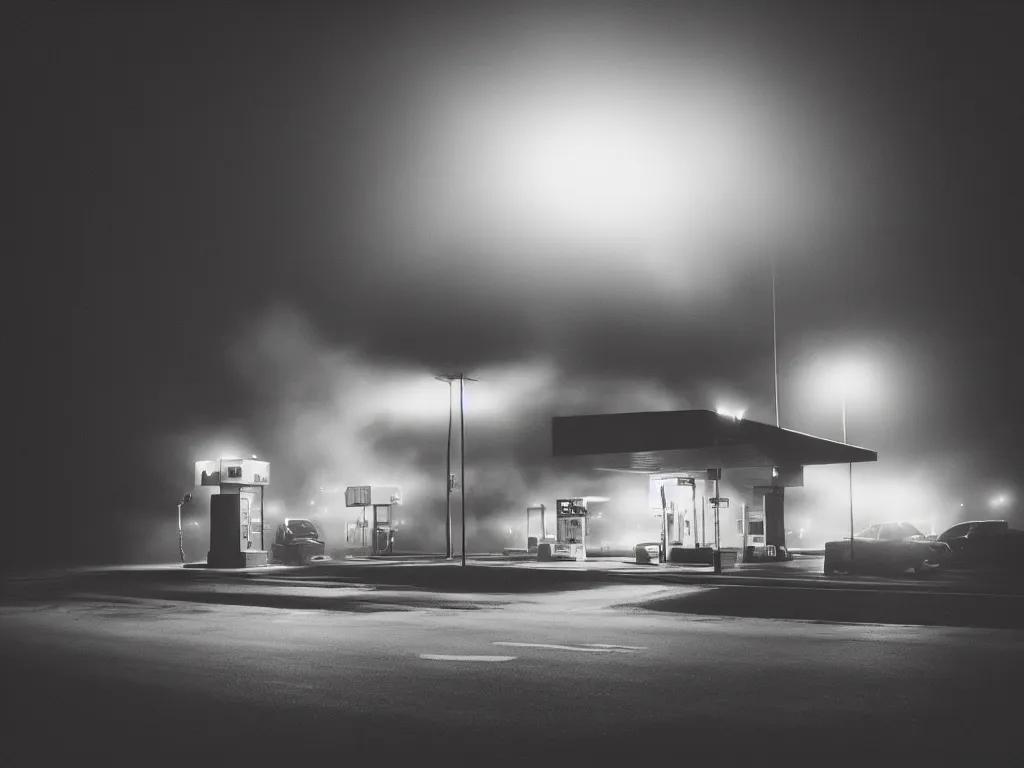 Image similar to “35mm film photography of gas station , fog, night, mood, atmospheric, full colour, digital photography, finished in Lightroom”