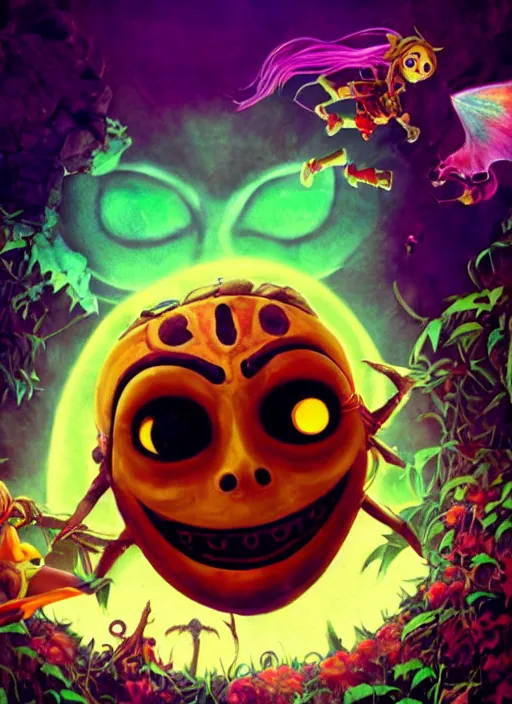 Image similar to realistic,majora\'s mask floating in the air while looking at the viewer maniacally, skull kid, legend of zelda fairy in the background, dramatic lighting, cinematic, film, dynamic pose, movie scene, colorful, dark art, concept art, 8K